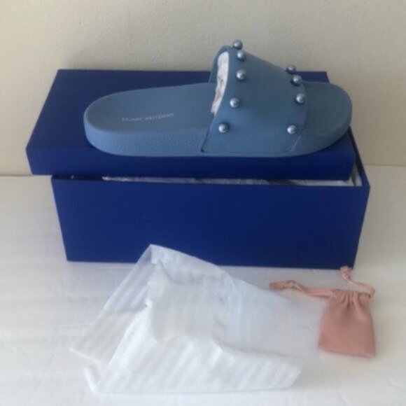 STUART WEITZMAN Studded Leather Slides Sandals Mules Blue Sz.8 - Picture 4 of 10